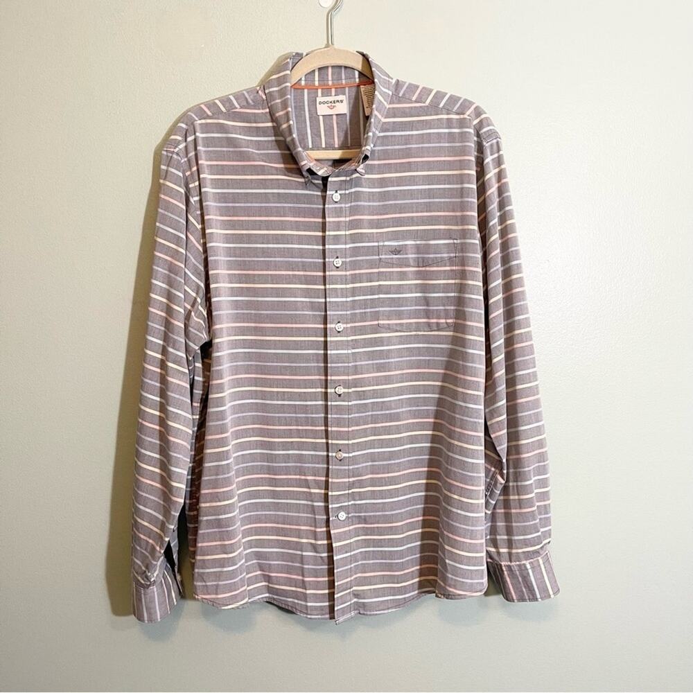 Dockers Men's Gray Stripes Button-Down Collar Long Sleeve Button-Up Shirt XL